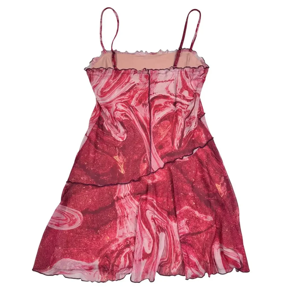 Y2K Barbiecore Mesh Mini Dress Pink Sheer Slip Ruffle Festival Coquette Small - Picture 3 of 16